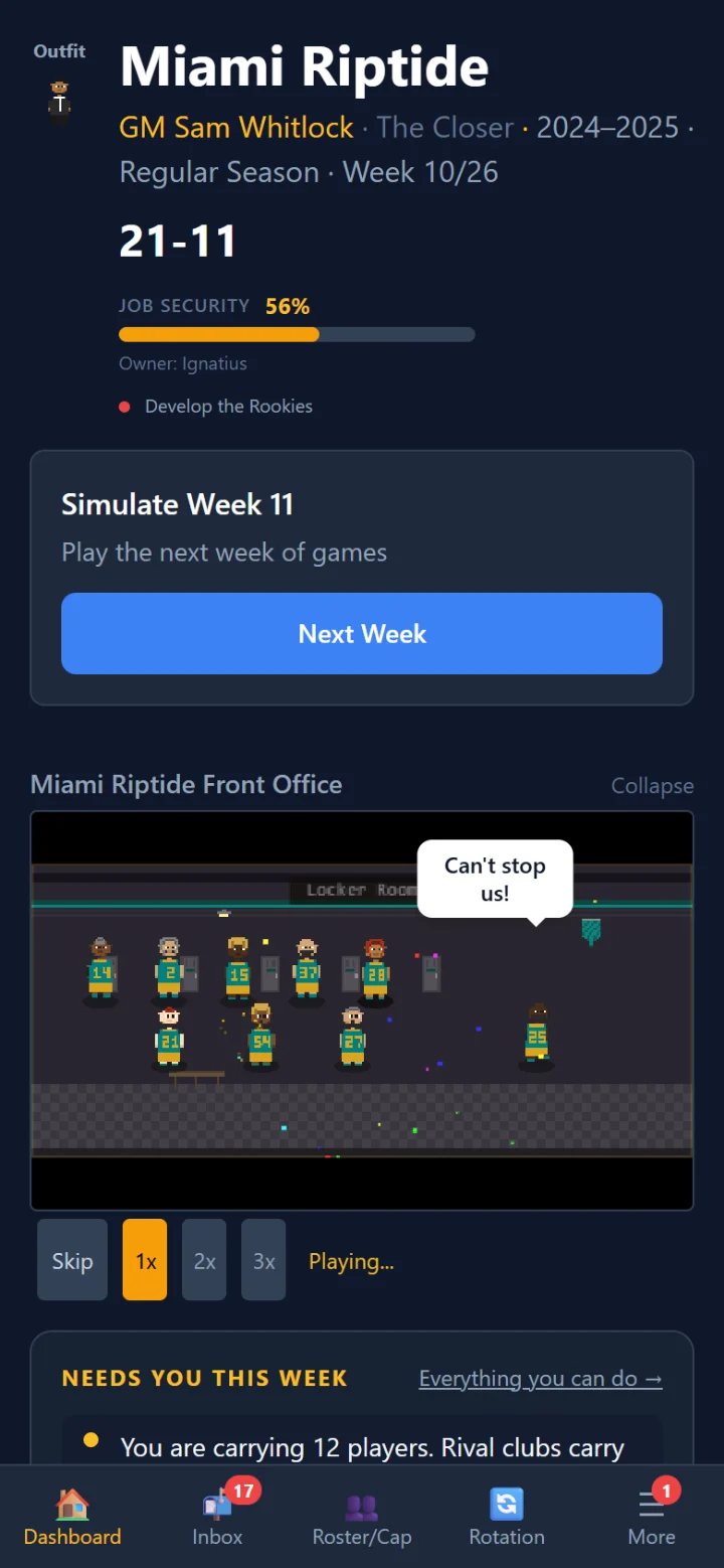 The game on a phone: the Dashboard of the Miami Riptide, 21-11 in week 10, with a Next Week button and the pixel-art front office, where a player in the locker room says 