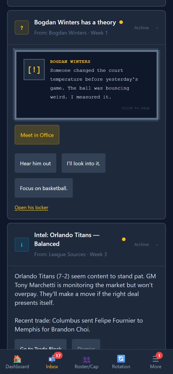 The game on a phone: an inbox letter titled 