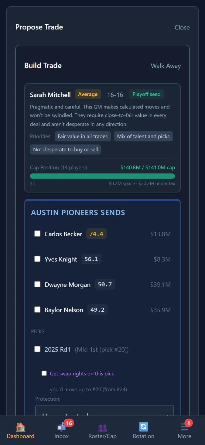 The game on a phone: Propose Trade with Sarah Mitchell, a rival GM described as pragmatic and careful, with her priorities (fair value in all trades, a mix of talent and picks, not desperate to buy or sell), her club's cap position and the players and picks her club could send.