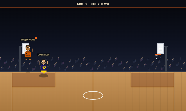 Pixel art from the game's own renderer: in a playoff game, Dragan Fournier of the Vancouver Monarchs leaps to block Omar Rahman of the Cincinnati Corsairs at the rim.