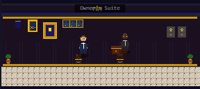 Pixel art from the game: the Owner’s Suite, your owner behind his desk and your general manager by the visitor’s chair.