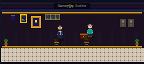Pixel art from the game's own renderer: the owner's suite at night. Your owner talks from behind his desk; your GM stands by the visitor's chair.