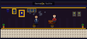 Pixel art from the game's own renderer: the owner's suite. The owner talks behind his desk and a dark cloud hangs over the GM at the visitor's chair.