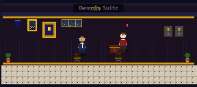 Pixel art from the game's own renderer: the owner's suite. The owner talks behind his desk, an exclamation mark over his head, and the GM stands at the visitor's chair.