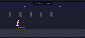 Pixel art from the game's own renderer: the locker room. Kobie Ansah sits at the end of the bench.