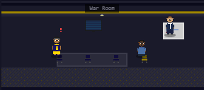 Pixel art from the game's own renderer: the war room. A GM talks at the whiteboard, Kobie Ansah stands at the table with an exclamation mark over his head, and the scout sits in his seat.