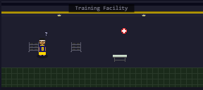 Pixel art from the game's own renderer: the training room. Kobie Ansah stands at the weight rack, a question mark over his head.