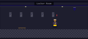 Pixel art from the game's own renderer: the locker room. Kobie Ansah stands by the lockers, an exclamation mark over his head.