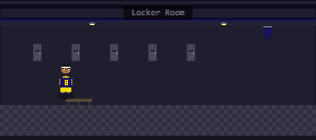 Pixel art from the game's own renderer: the locker room. Kobie Ansah stands alone at the end of the bench.