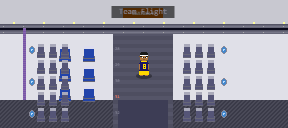 Pixel art from the game's own renderer: the team plane. Kobie Ansah stands in the coach aisle a few rows short of row 31, whose number is painted red.