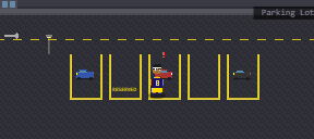 Pixel art from the game's own renderer: the parking lot. Kobie Ansah stands at a parking space, an exclamation mark over his head.