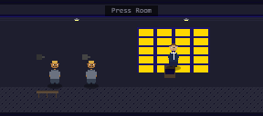 Pixel art from the game: the Press Room, your general manager at the podium facing two reporters.