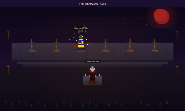 Pixel art from the game's own renderer: at night under a blood moon, a player in a Cincinnati Corsairs jersey stands in flames at the third of six stakes while Commissioner Golden presides from the altar and a crowd of silhouettes watches.