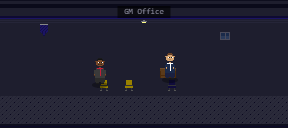 Pixel art from the game's own renderer: your GM office at night. The Phoenix Ironclads' GM stands by your visitor's chairs, talking; your GM works at his desk.